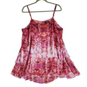 a.n.a Pink Fairy Ruffle Tank Top Inca Purple Pinks Geo Printed Whimsical 1X NWT